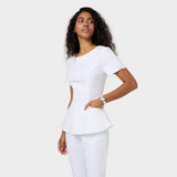 Damska bluza medyczna z baskinką KIM w kolorze białym 